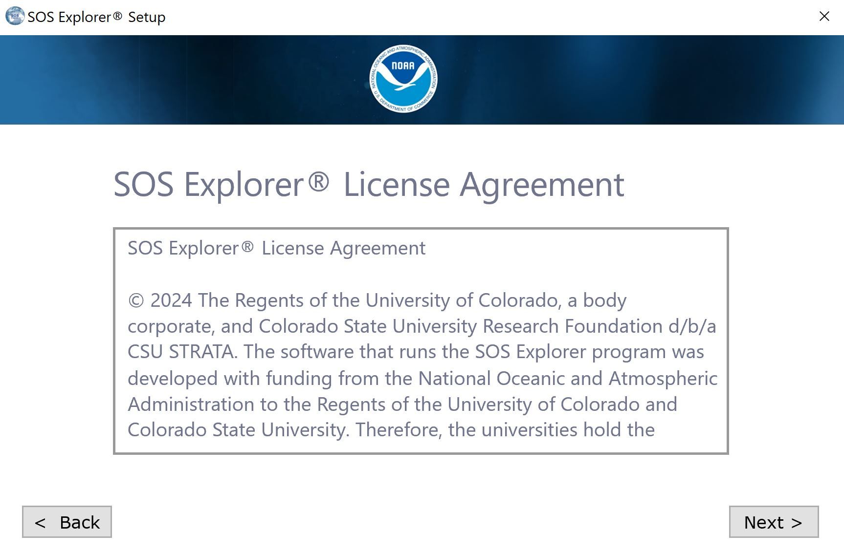 Shows the SOS Explorer® license agreement window. Click next to accept.
