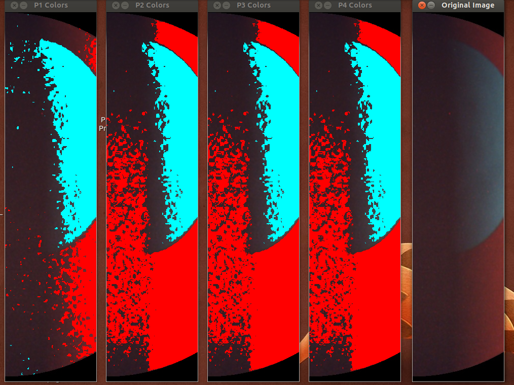 Screenshot of five open windows showing parts of splotchy red and cyan circles. The middle three windows show red bleeding into the cyan circle