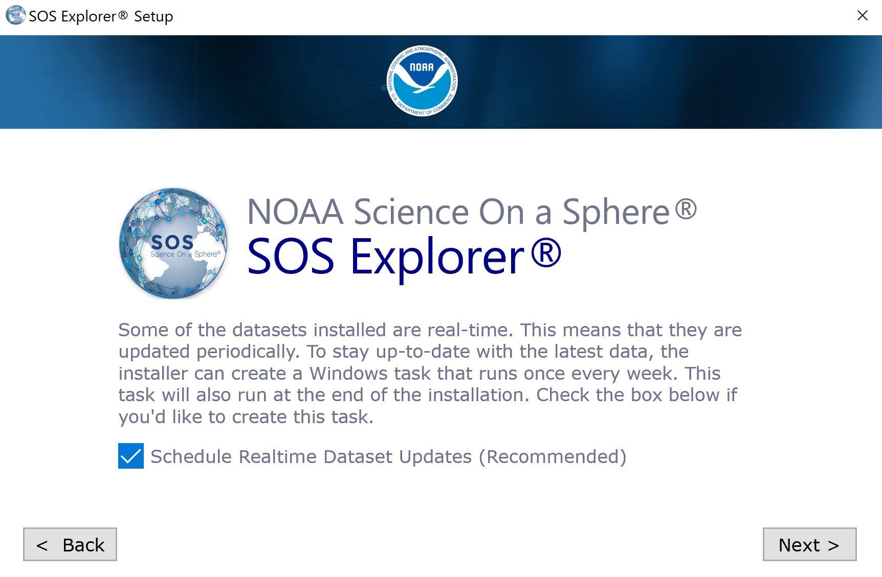 Shows the SOS Explorer® Option to Sync Real Time datasets. We recommend you
enable this and click next.