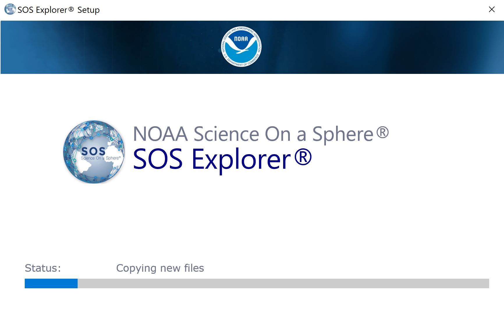 Shows the SOS Explorer® Install progress screen. The progress bar may load
multiple times before the installation is complete.