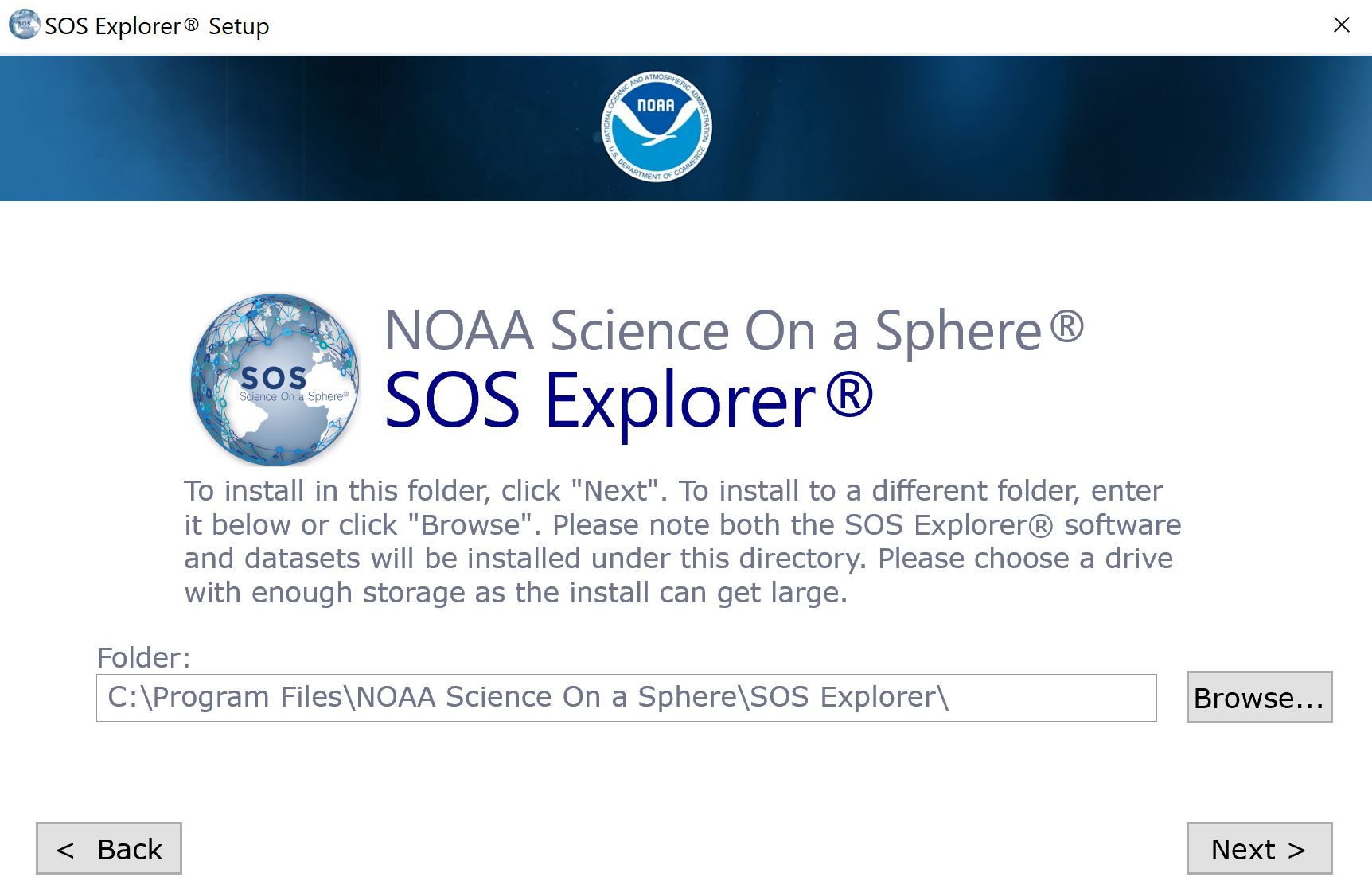 Shows the SOS Explorer® Browse for Folder menu. Select the location you would
like to install SOSx in.