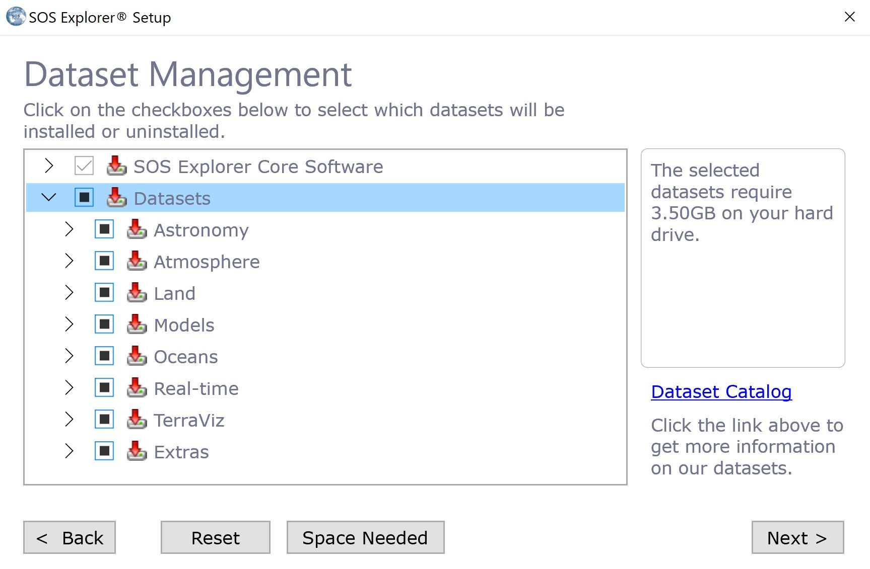 Shows the SOS Explorer® Dataset Management Screen. Select which datasets you
want.