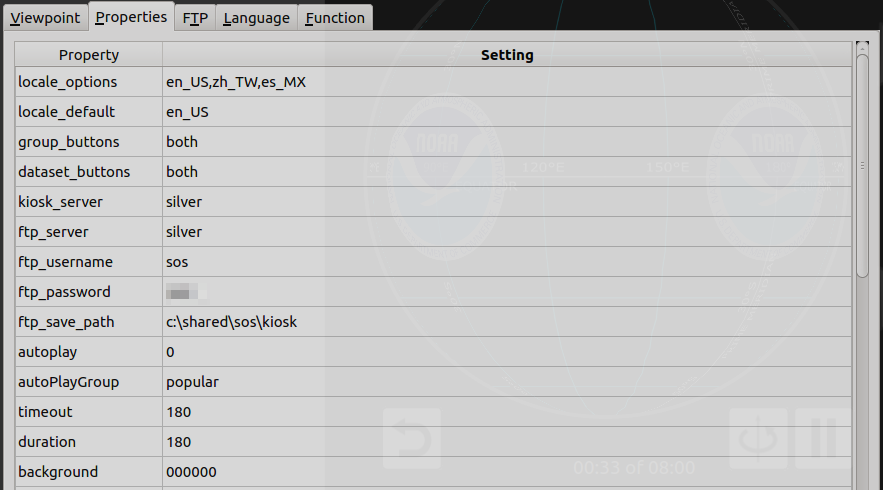 The properties tab displays all of the configuration options for the kiosk in a table