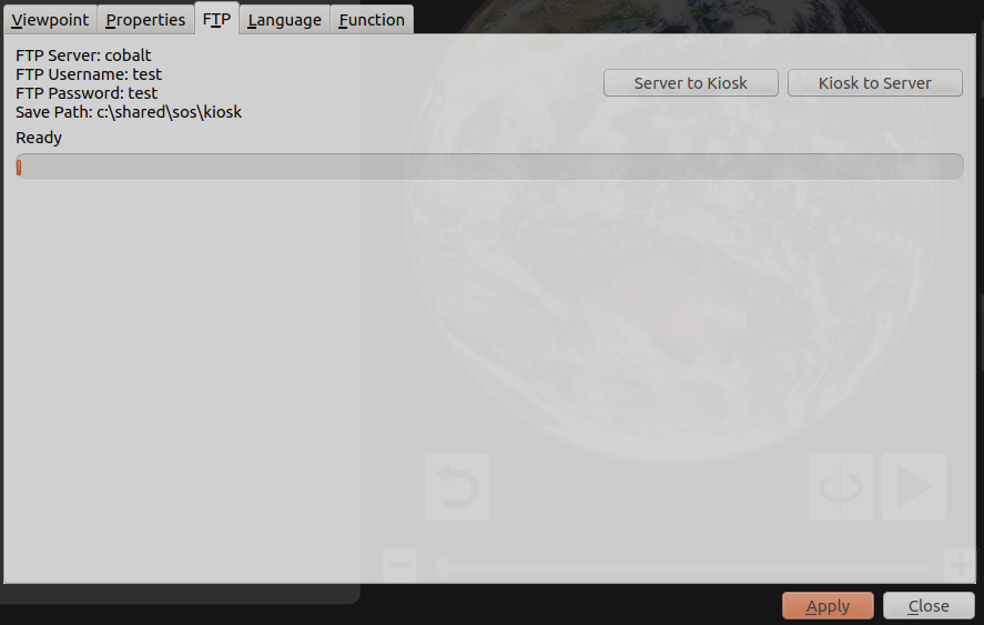 The FTP tab provides two buttons to sync files between the kiosk computer and the SOS computer